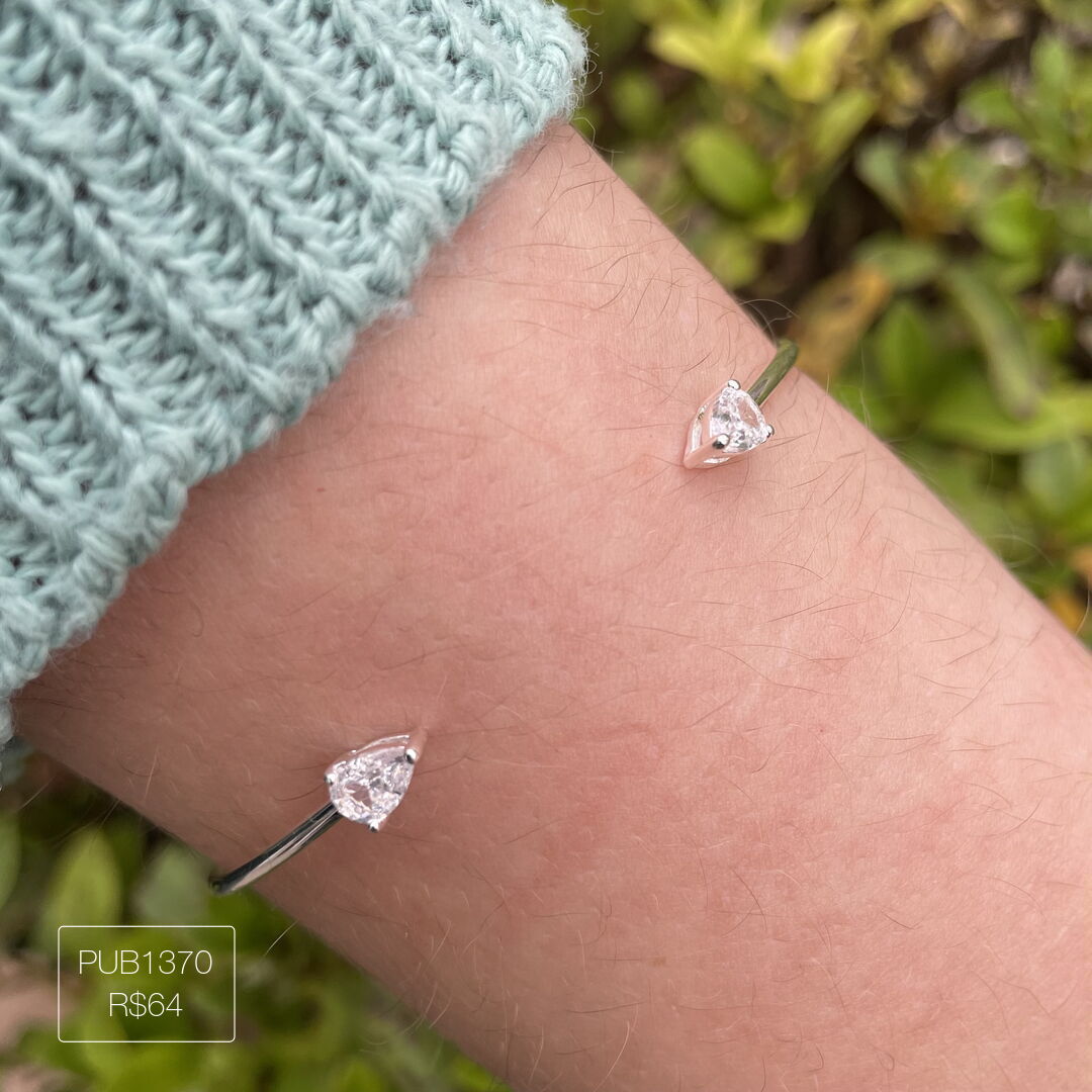 Bracelete Aberto c/ 2 Gotas de Zircônia Cristal Prateado